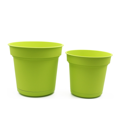 Pot rond vert plastique avec soucoupe