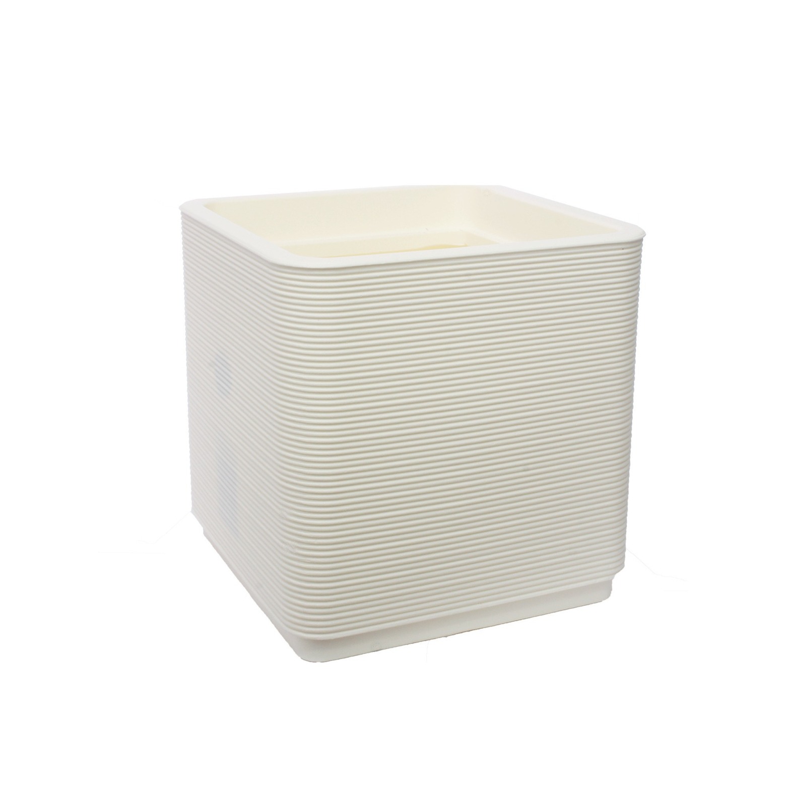Grand pot cubique blanc strié en plastique